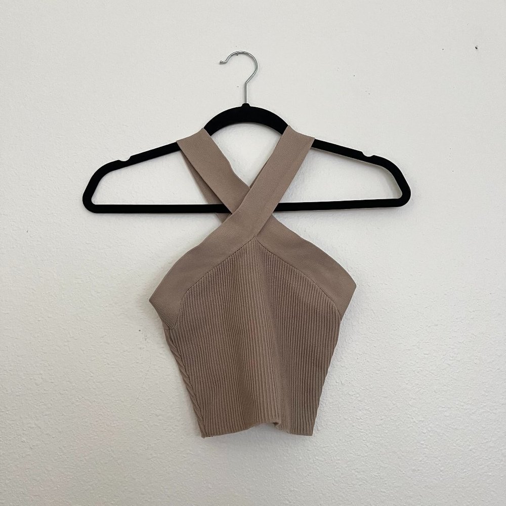 aritzia babaton brown tan sculpt knit halter tank top